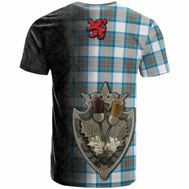Scottish Stewart Muted Blue Clan Tartan T-Shirt - Half Thistle Flowers Celtic Design Back Side Tartan Plaid