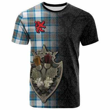 Scottish Stewart Muted Blue Clan Tartan T-Shirt - Half Thistle Flowers Celtic Design Front Side Tartan Plaid
