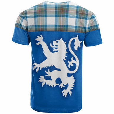 Scottish Stewart Muted Blue Clan Tartan T-Shirt - Lion Rampant of Scotland With Flag Back Side Tartan Plaid