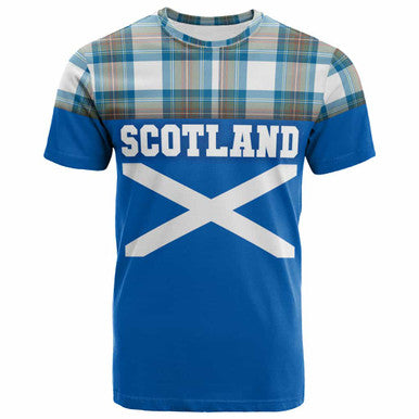 Scottish Stewart Muted Blue Clan Tartan T-Shirt - Lion Rampant of Scotland With Flag Front Side Tartan Plaid