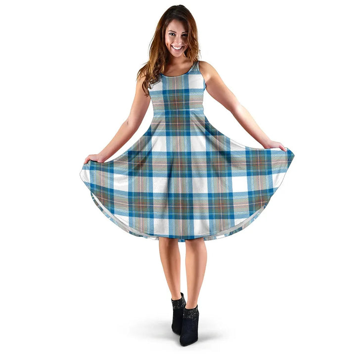 Scottish Stewart Muted Blue Clan Tartan Women Midi Dress