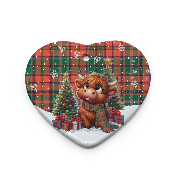 Scottish Stewart of Appin Ancient Clan Tartan Ceramic Ornament Cute Highland Cow Christmas Heart Style Tartan Plaid