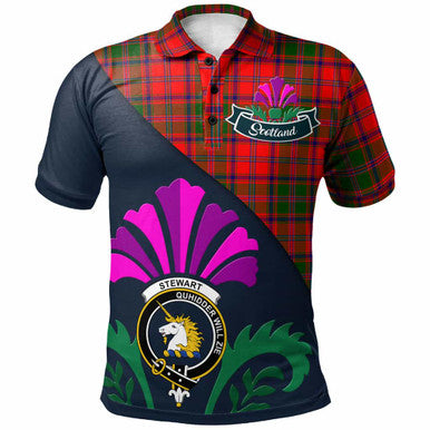 Scottish Stewart (of Appin) Clan Crest Tartan Polo Shirt - Scotland Thistle Style Front Side Tartan Plaid