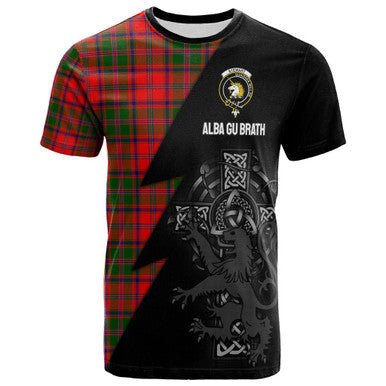 Scottish Stewart (of Appin) Clan Crest Tartan T-Shirt - Lion Rampant Celtic Cross Flash Style Front Side Tartan Plaid