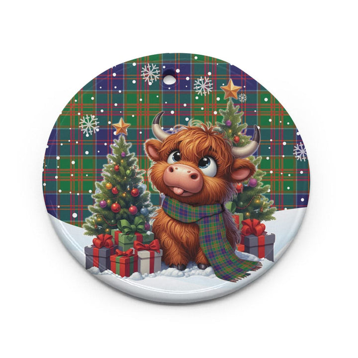 Scottish Stewart of Appin Hunting Modern Clan Tartan Ceramic Ornament Cute Highland Cow Christmas Circle Style Tartan Plaid