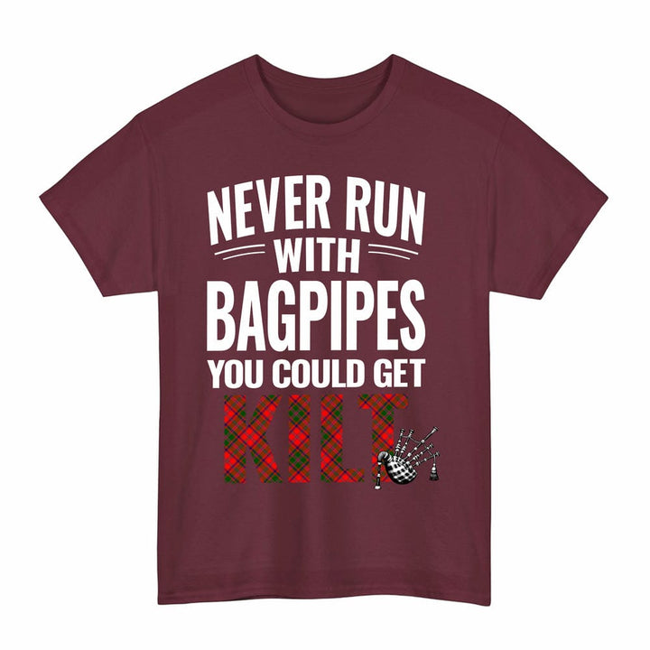 Scottish Stewart of Appin Modern Clan Tartan Never Run With Bagpipes T-Shirt Tartan Plaid Maroon Color