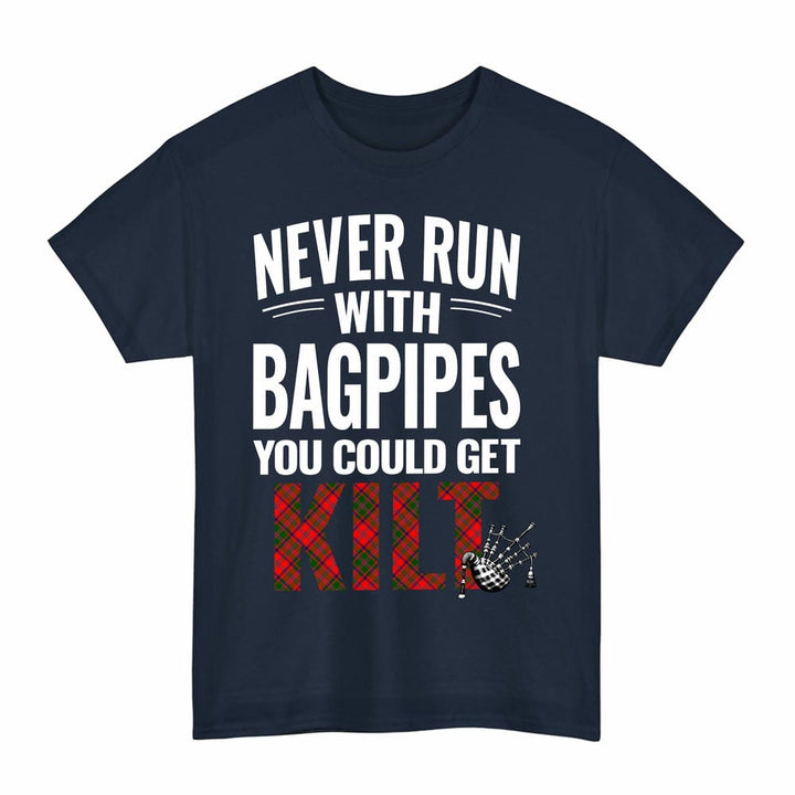 Scottish Stewart of Appin Modern Clan Tartan Never Run With Bagpipes T-Shirt Tartan Plaid Navy Color