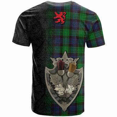 Scottish Stewart Old Modern Clan Tartan T-Shirt - Half Thistle Flowers Celtic Design Back Side Tartan Plaid