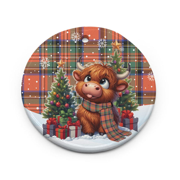 Scottish Stewart Royal Ancient Clan Tartan Ceramic Ornament Cute Highland Cow Christmas Circle Style Tartan Plaid