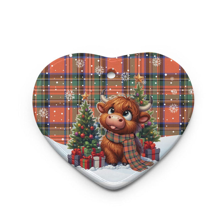Scottish Stewart Royal Ancient Clan Tartan Ceramic Ornament Cute Highland Cow Christmas Heart Style Tartan Plaid