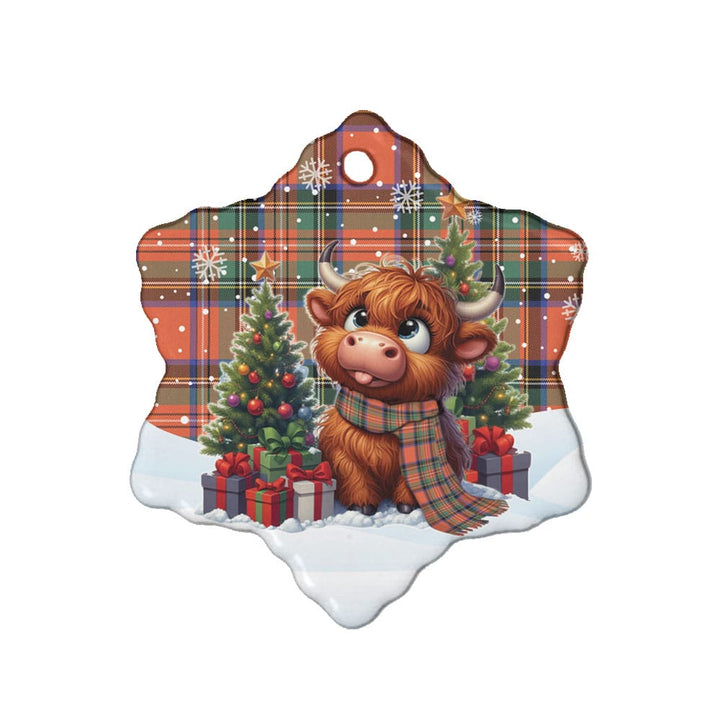 Scottish Stewart Royal Ancient Clan Tartan Ceramic Ornament Cute Highland Cow Christmas Snow Flake Style Tartan Plaid