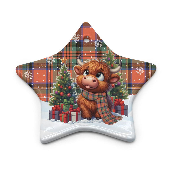 Scottish Stewart Royal Ancient Clan Tartan Ceramic Ornament Cute Highland Cow Christmas Star Style Tartan Plaid