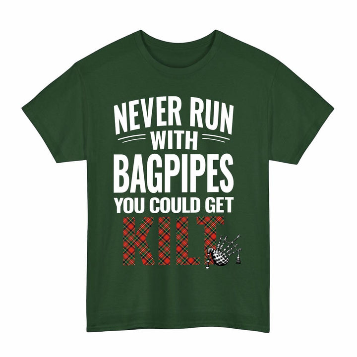 Scottish Stewart Royal Modern Clan Tartan Never Run With Bagpipes T-Shirt Tartan Plaid Forest Green Color