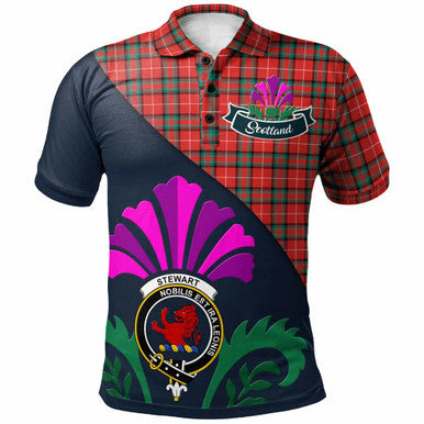 Scottish Stewart (Stuart) of Bute Clan Crest Tartan Polo Shirt - Scotland Thistle Style Front Side Tartan Plaid