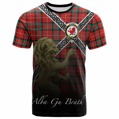 Scottish Stewart (Stuart) of Bute Clan Crest Tartan T-Shirt - Celtic With Scotland Lion Front Side Tartan Plaid
