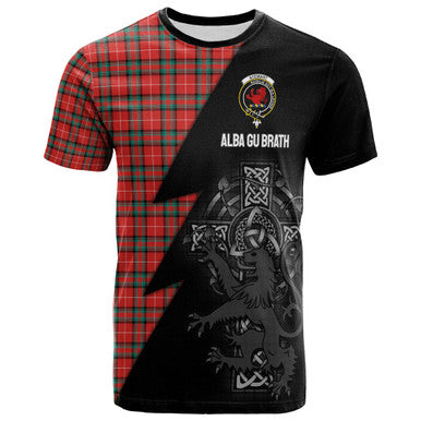 Scottish Stewart (Stuart) of Bute Clan Crest Tartan T-Shirt - Lion Rampant Celtic Cross Flash Style Front Side Tartan Plaid