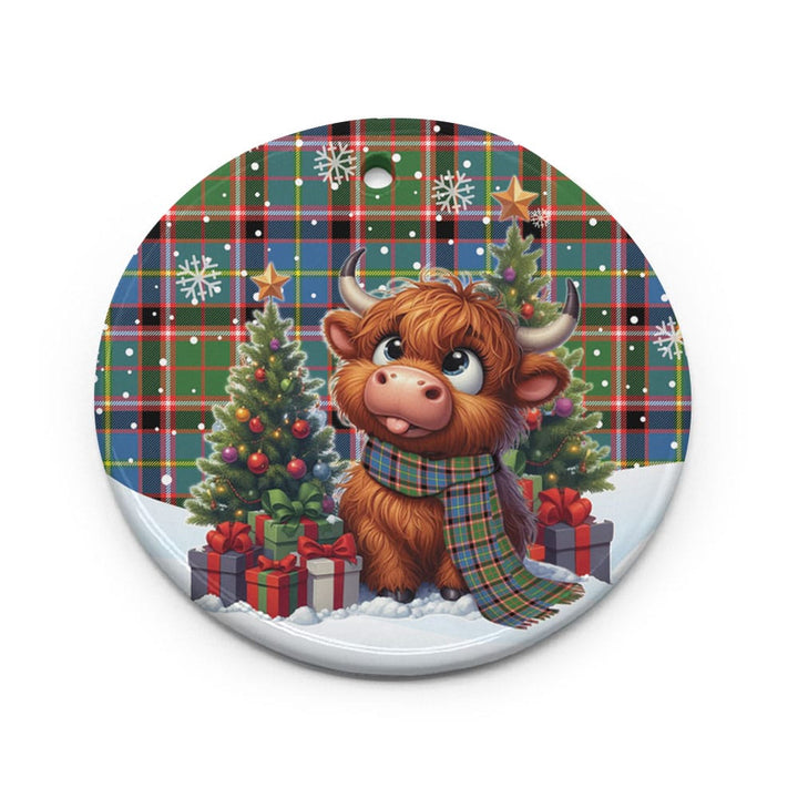 Scottish Stirling & Bannockburn District Clan Tartan Ceramic Ornament Cute Highland Cow Christmas Circle Style Tartan Plaid