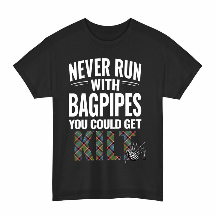Scottish Stirling & Bannockburn District Clan Tartan Never Run With Bagpipes T-Shirt Tartan Plaid Black Color