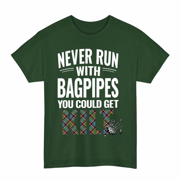 Scottish Stirling & Bannockburn District Clan Tartan Never Run With Bagpipes T-Shirt Tartan Plaid Forest Green Color