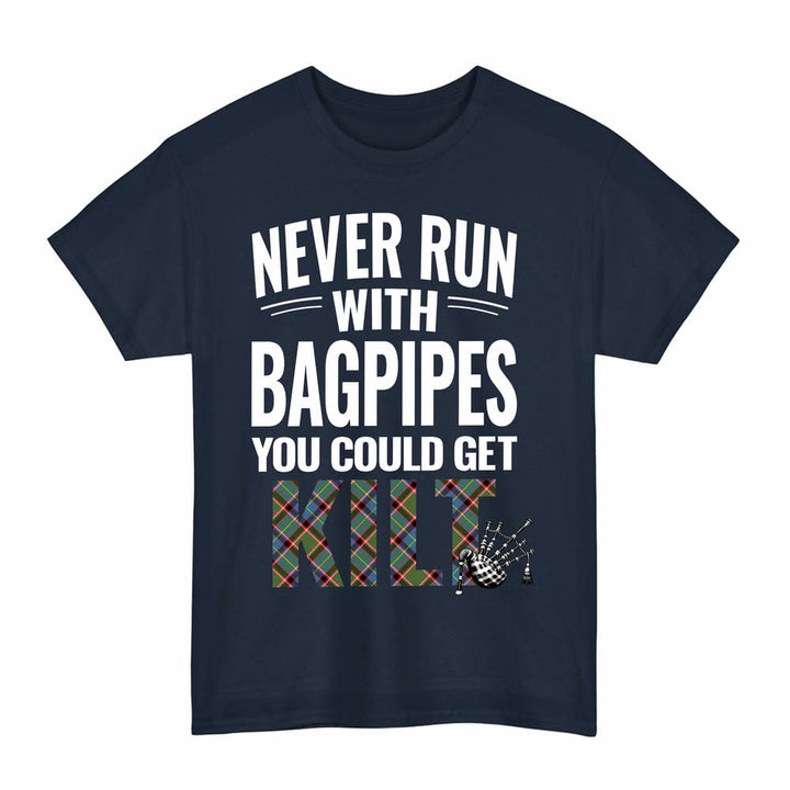 Scottish Stirling & Bannockburn District Clan Tartan Never Run With Bagpipes T-Shirt Tartan Plaid Navy Color