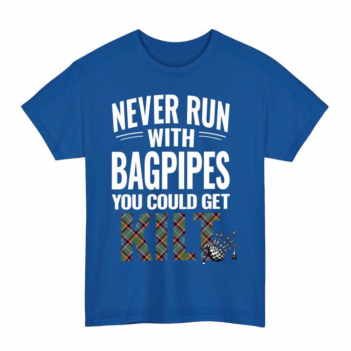 Scottish Stirling & Bannockburn District Clan Tartan Never Run With Bagpipes T-Shirt Tartan Plaid Royal Color