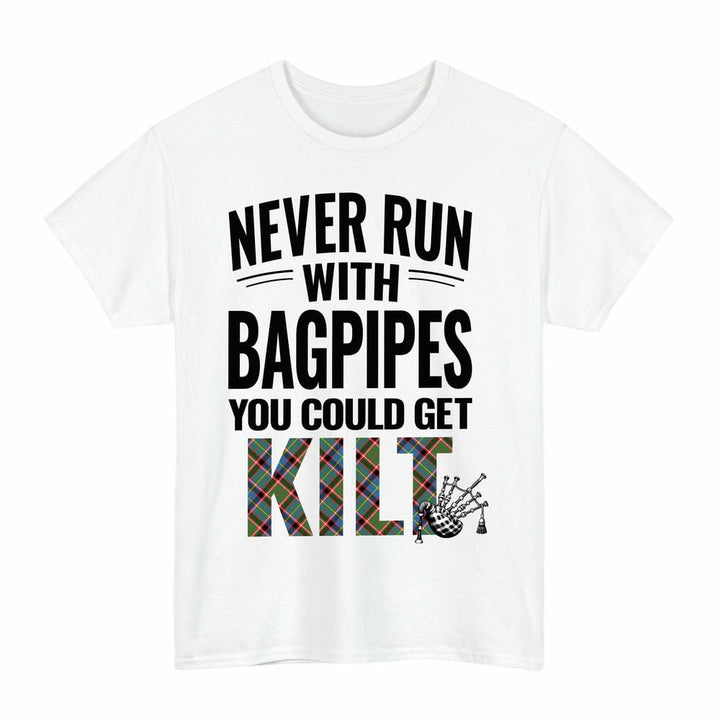 Scottish Stirling & Bannockburn District Clan Tartan Never Run With Bagpipes T-Shirt Tartan Plaid White Color