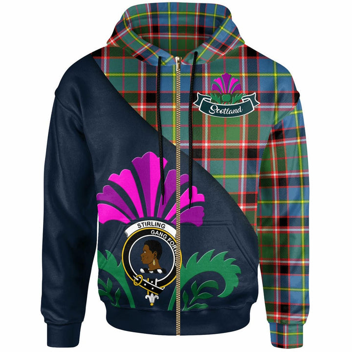 Scottish Stirling (of Keir) Clan Crest Tartan Hoodie - Scotland Thistle Style Zip-up Tartan Plaid