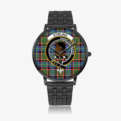 Scottish Stirling (of Keir) Clan Crest Tartan Instafamous Steel Quartz Watches Tartan Plaid Black 1