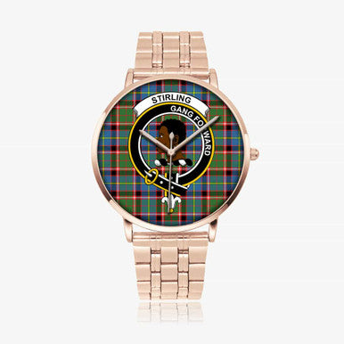 Scottish Stirling (of Keir) Clan Crest Tartan Instafamous Steel Quartz Watches Tartan Plaid Rose Gold 1