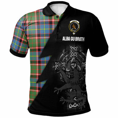 Scottish Stirling (of Keir) Clan Crest Tartan Polo Shirt - Lion Rampant Celtic Cross Flash Style Front Side Tartan Plaid