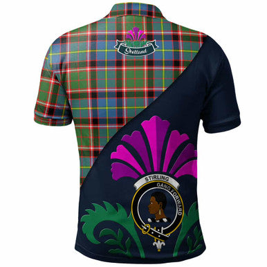 Scottish Stirling (of Keir) Clan Crest Tartan Polo Shirt - Scotland Thistle Style Back Side Tartan Plaid
