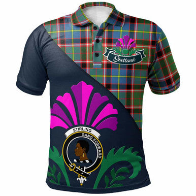 Scottish Stirling (of Keir) Clan Crest Tartan Polo Shirt - Scotland Thistle Style Front Side Tartan Plaid