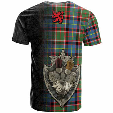 Scottish Stirling (of Keir) Clan Crest Tartan T-Shirt - Half Thistle Flowers Celtic Design Back Side Tartan Plaid