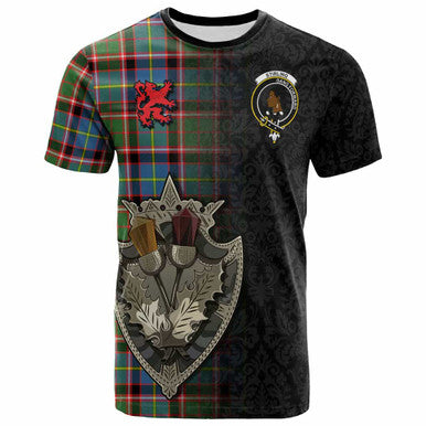 Scottish Stirling (of Keir) Clan Crest Tartan T-Shirt - Half Thistle Flowers Celtic Design Front Side Tartan Plaid