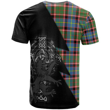 Scottish Stirling (of Keir) Clan Crest Tartan T-Shirt - Lion Rampant Celtic Cross Flash Style Back Side Tartan Plaid