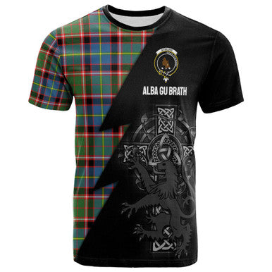 Scottish Stirling (of Keir) Clan Crest Tartan T-Shirt - Lion Rampant Celtic Cross Flash Style Front Side Tartan Plaid