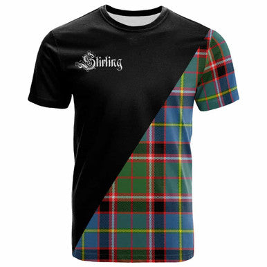 Scottish Stirling (of Keir) Clan Crest Tartan T-Shirt - Military Logo Front Side Tartan Plaid
