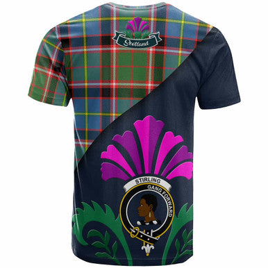 Scottish Stirling (of Keir) Clan Crest Tartan T-Shirt - Scotland Thistle Style Back Side Tartan Plaid