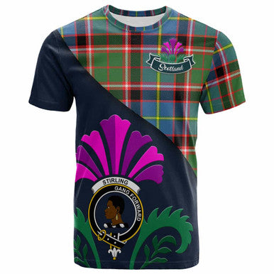 Scottish Stirling (of Keir) Clan Crest Tartan T-Shirt - Scotland Thistle Style Front Side Tartan Plaid