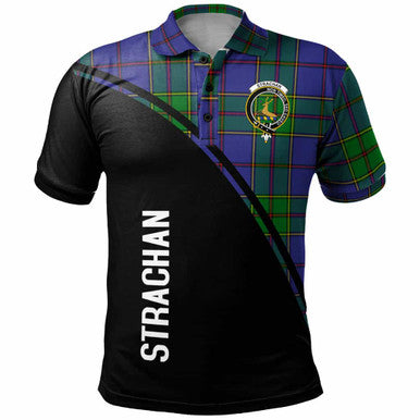 Scottish Strachan Clan Crest Tartan Curve Polo Shirt Front Side Tartan Plaid