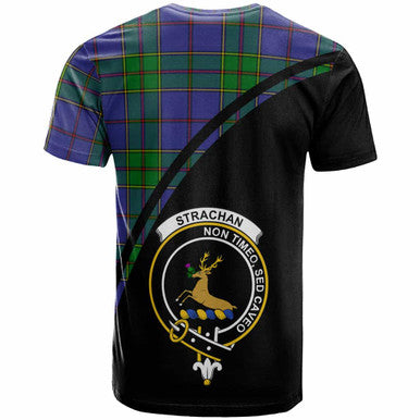 Scottish Strachan Clan Crest Tartan Curve T-Shirt Back Side Tartan Plaid