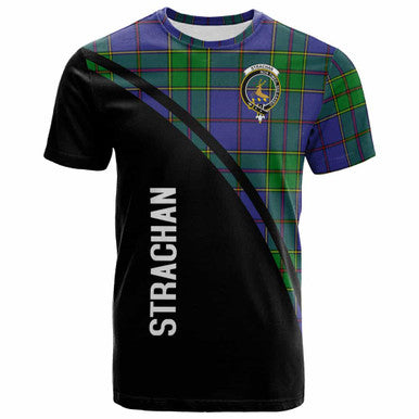 Scottish Strachan Clan Crest Tartan Curve T-Shirt Front Side Tartan Plaid
