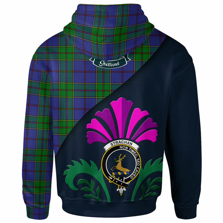 Scottish Strachan Clan Crest Tartan Hoodie - Scotland Thistle Style Back Side Tartan Plaid