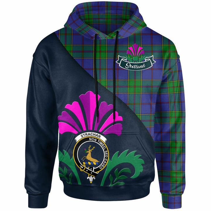 Scottish Strachan Clan Crest Tartan Hoodie - Scotland Thistle Style Front Side Tartan Plaid