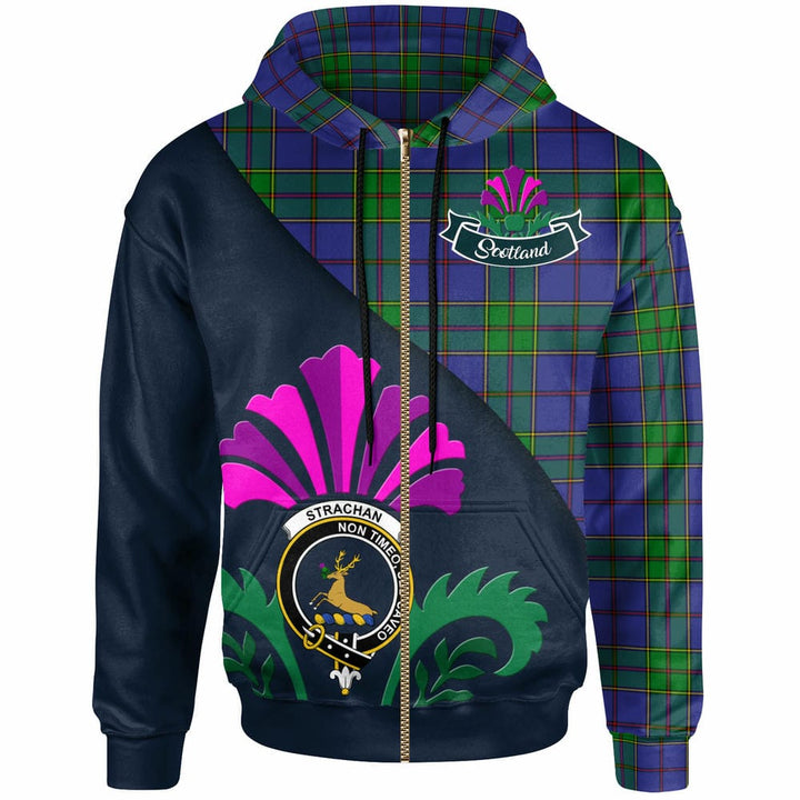 Scottish Strachan Clan Crest Tartan Hoodie - Scotland Thistle Style Zip-up Tartan Plaid