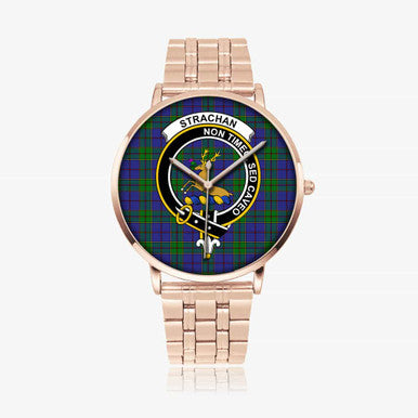 Scottish Strachan Clan Crest Tartan Instafamous Steel Quartz Watches Tartan Plaid Rose Gold 1