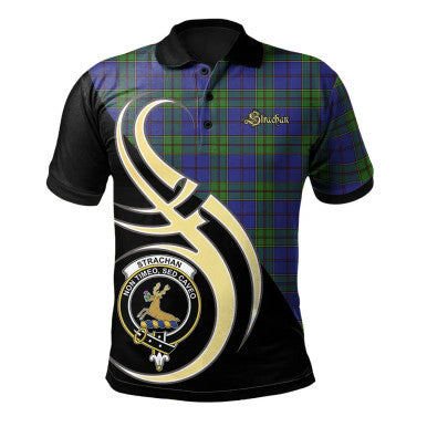 Scottish Strachan Clan Crest Tartan Polo Shirt Believe in Me Front Side Tartan Plaid