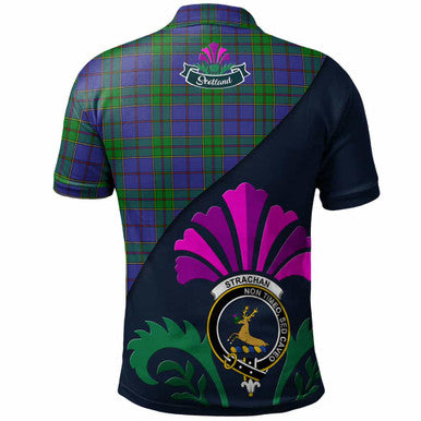 Scottish Strachan Clan Crest Tartan Polo Shirt - Scotland Thistle Style Back Side Tartan Plaid