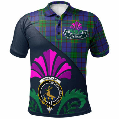 Scottish Strachan Clan Crest Tartan Polo Shirt - Scotland Thistle Style Front Side Tartan Plaid