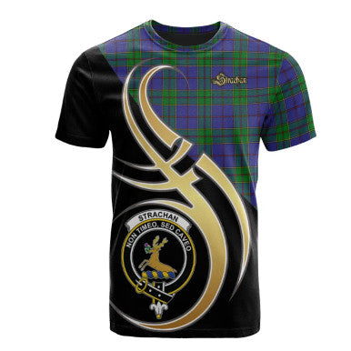 Scottish Strachan Clan Crest Tartan T-Shirt Believe in Me Front Side Tartan Plaid